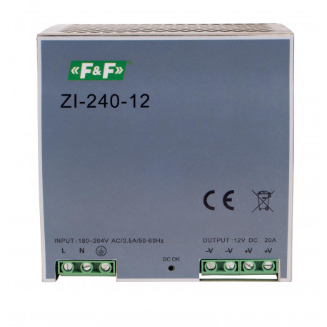Zasilacz impulsowy ZI-240-12; Napięcie wyjściowe 12 V; Moc 240 W.