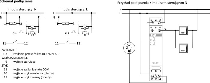 Przykładowy schemat podłączenia przekaźnika bistabilnego 230 V na szynie DIN (model BIS-411i).