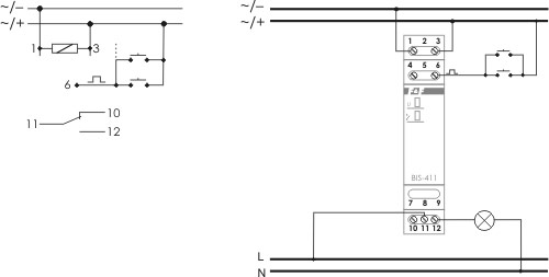 Przykładowy schemat przekaźnika bistabilnego 24 V na szynę 35 mm (model BIS-411M 24 V).