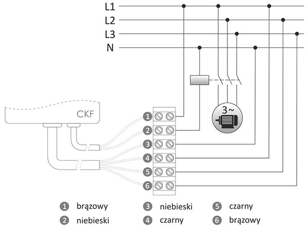 Czujnik kolejności i zaniku fazy - schemat podłączenia