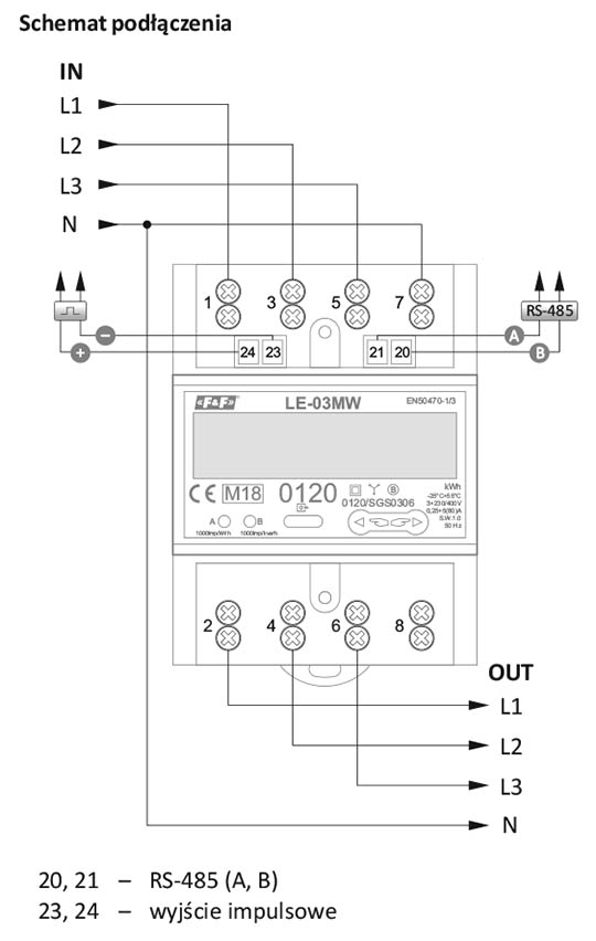 Licznik zużycia energii elektrycznej 3-fazowy schemat podłączenia