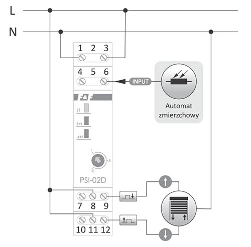 Przykładowa aplikacja przetwornika PSI-02D w połączeniu ze sterownikiem rolet: zamykanie rolet o zmierzchu i otwieranie o świcie