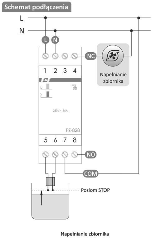 Przekaźnik poziomu cieczy - schemat podłączenia